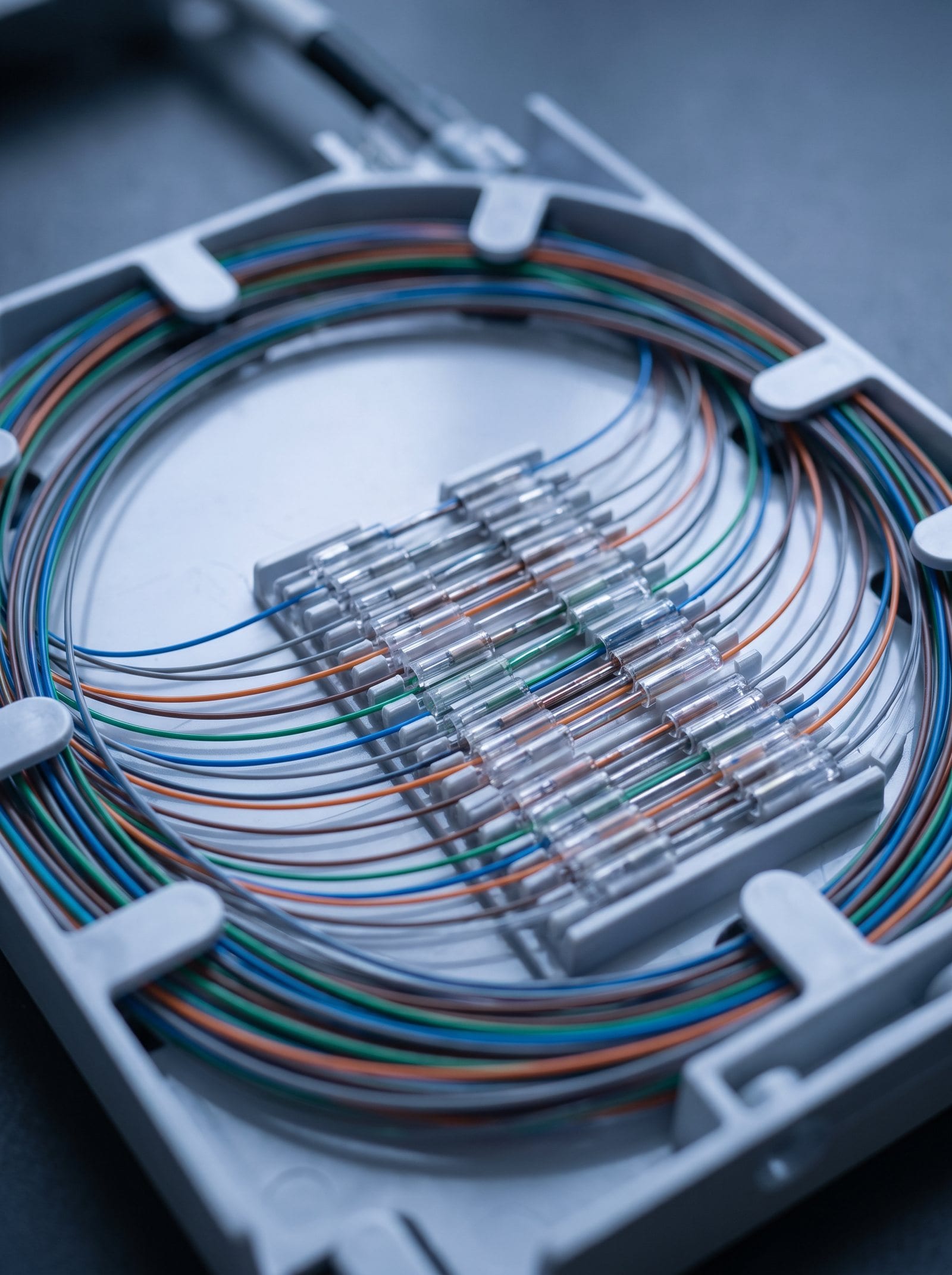 Fibre optic cables terminated into a splice tray