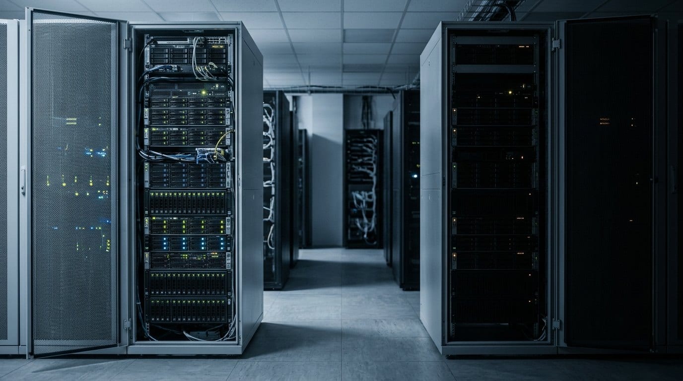 Two matching server cabinets across a data centre aisle, one lit and active, the other dark