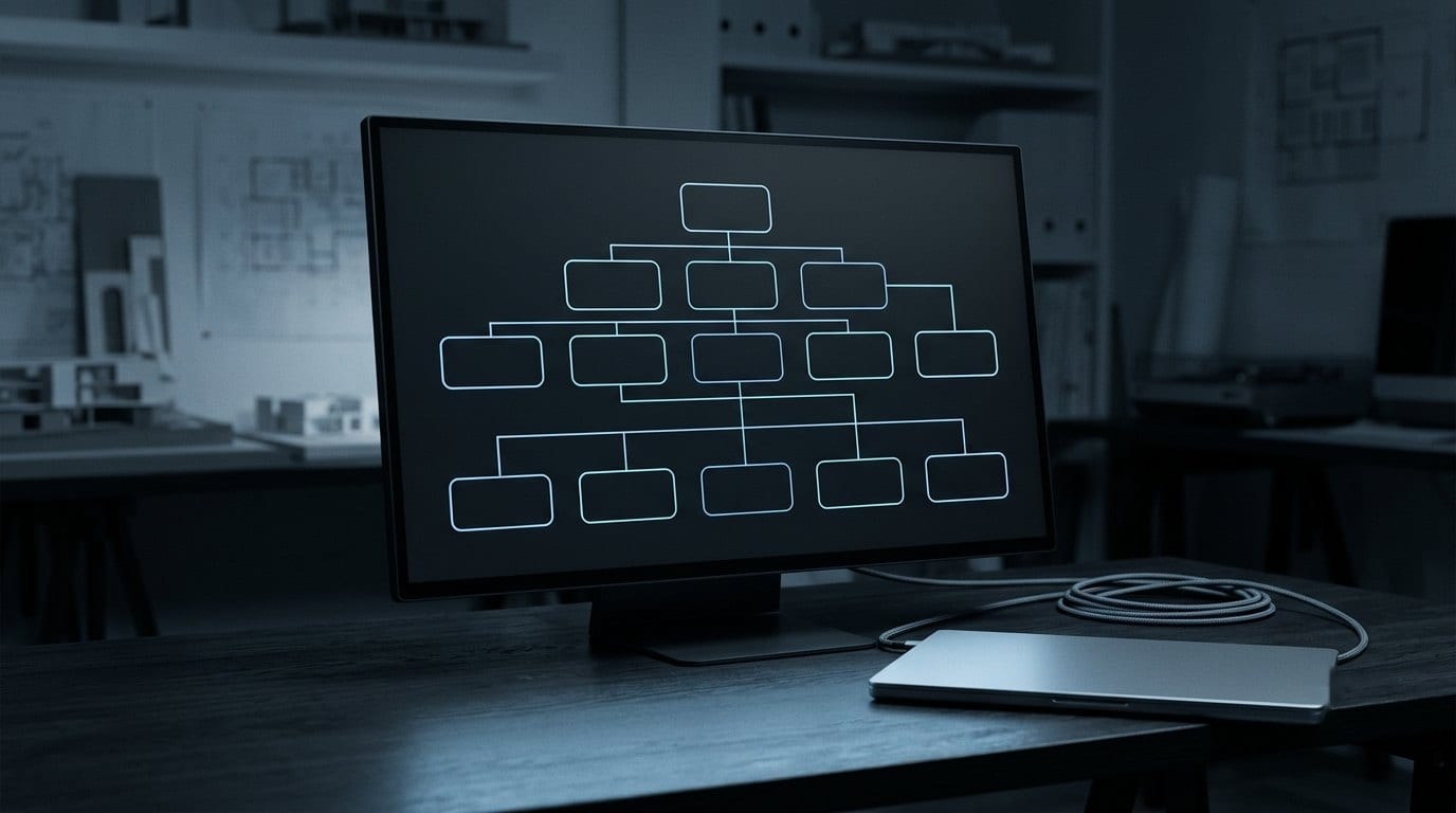 Monitor showing a three-tier system architecture diagram in a darkened office