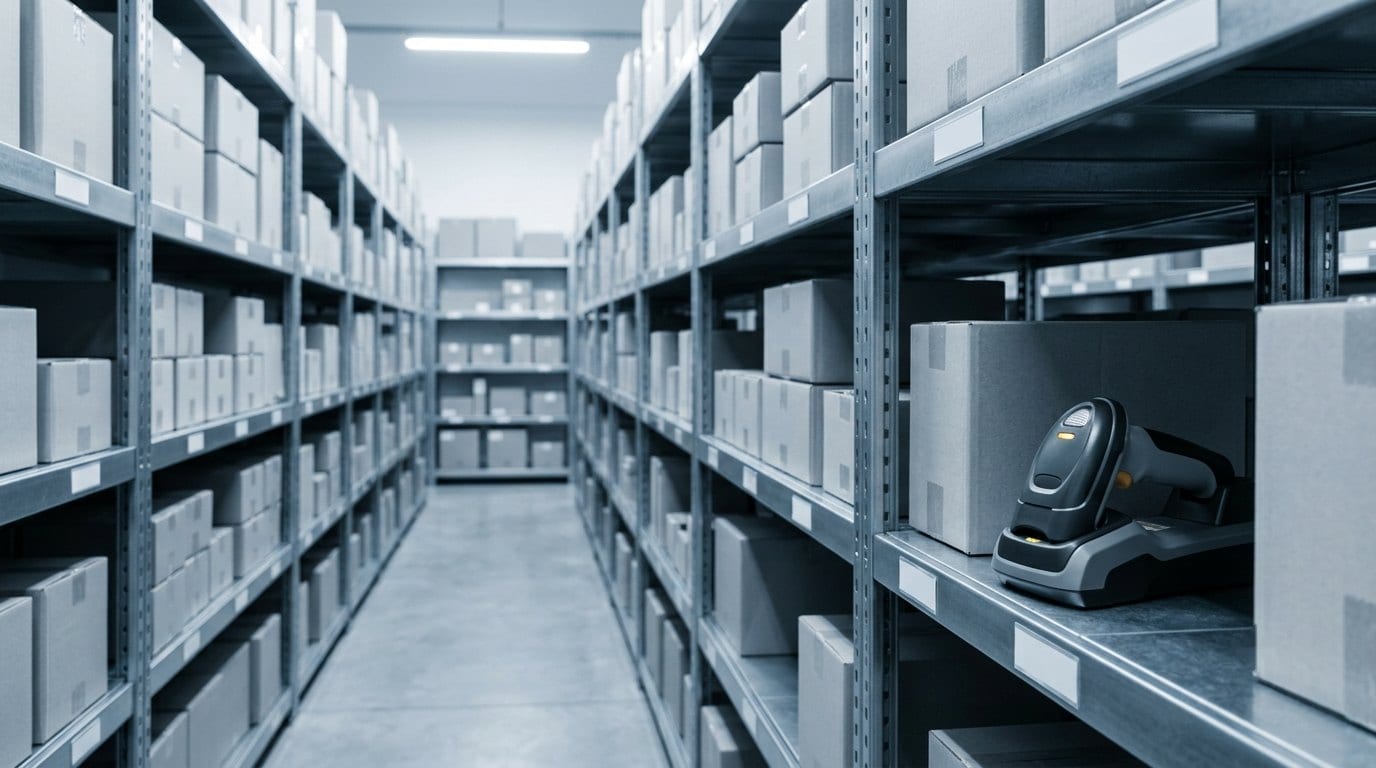 Equipment store racking stacked with cartons, a barcode scanner resting in its cradle