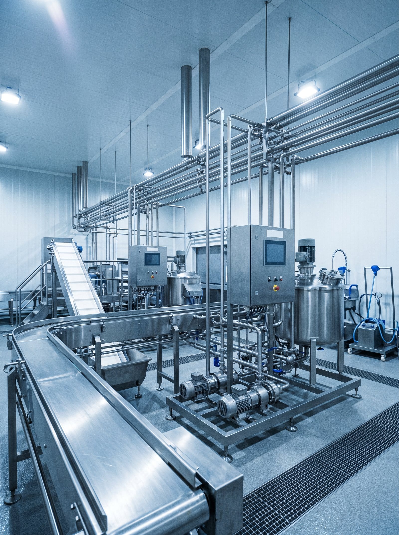 Stainless steel process line with conveyors and tanks, and control cabinets fitted with HMI touchscreens