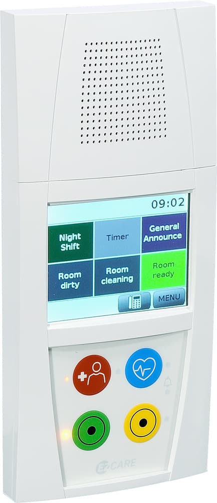 CT Touch room display with its touchscreen showing shift and room-status tiles above four coloured call buttons
