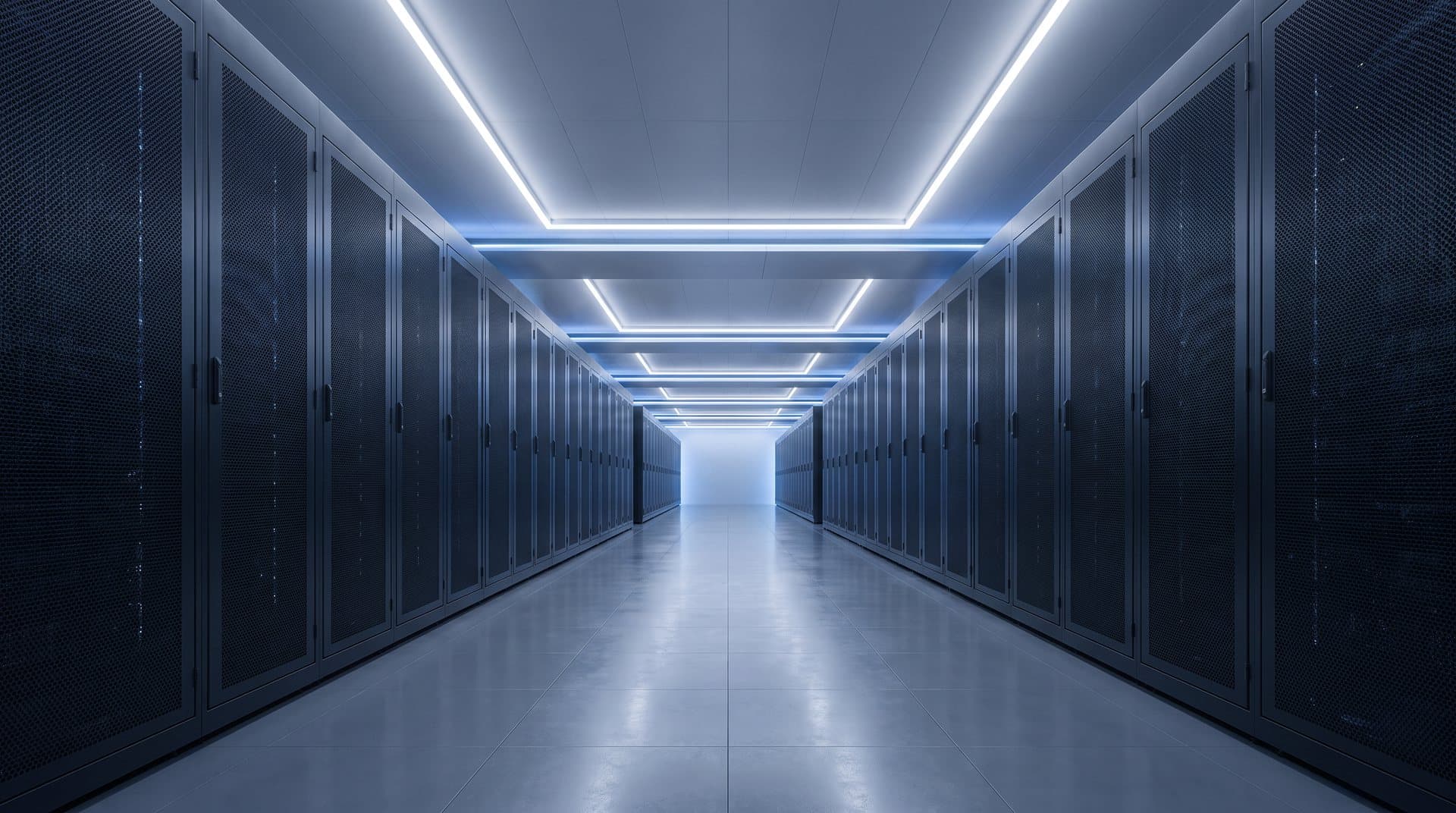 Data centre cold aisle between rows of cabinets