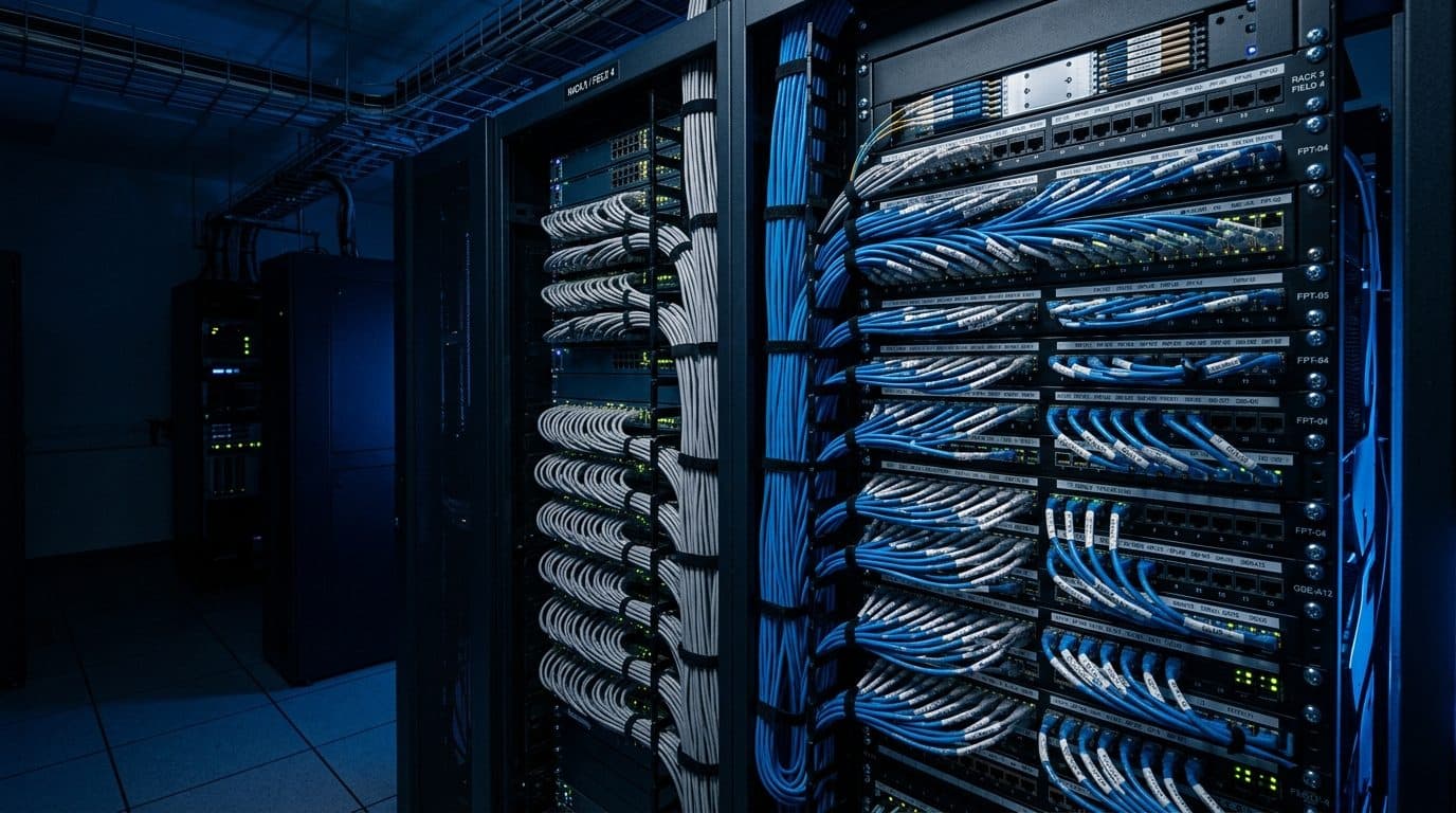 Data centre racks with blue and grey patch leads dressed into vertical bundles