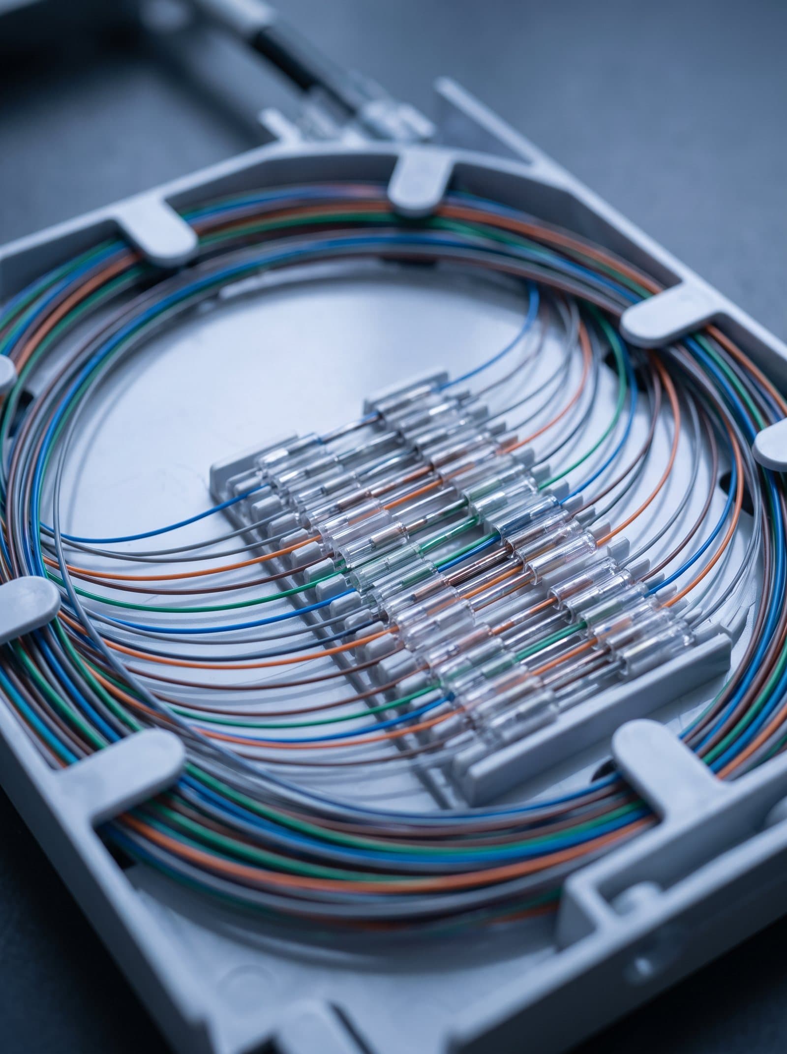 Fibre optic cables terminated into a splice tray