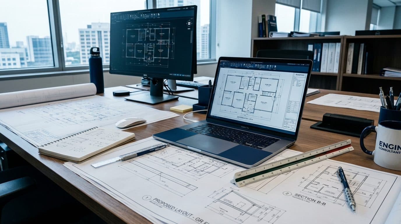 Desk with rolled and flat technical drawings, a laptop showing a floor plan, and a scale rule