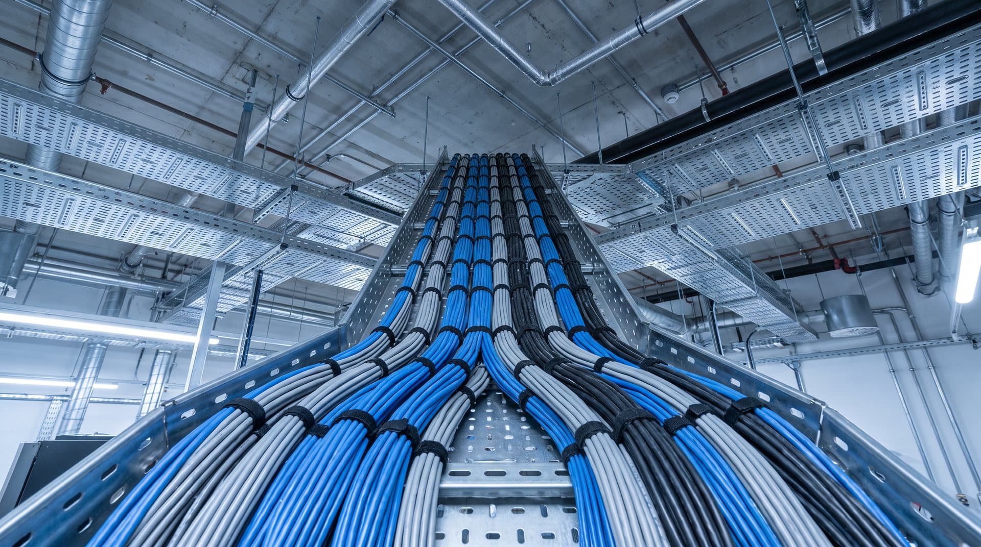 Cable containment trays converging into one organised run