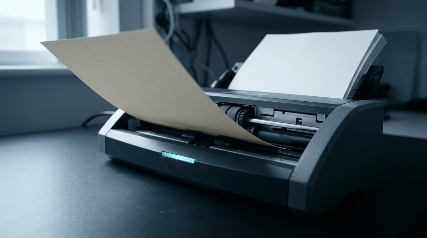 A desktop document scanner drawing one sheet in, a stack of blank sheets waiting behind it