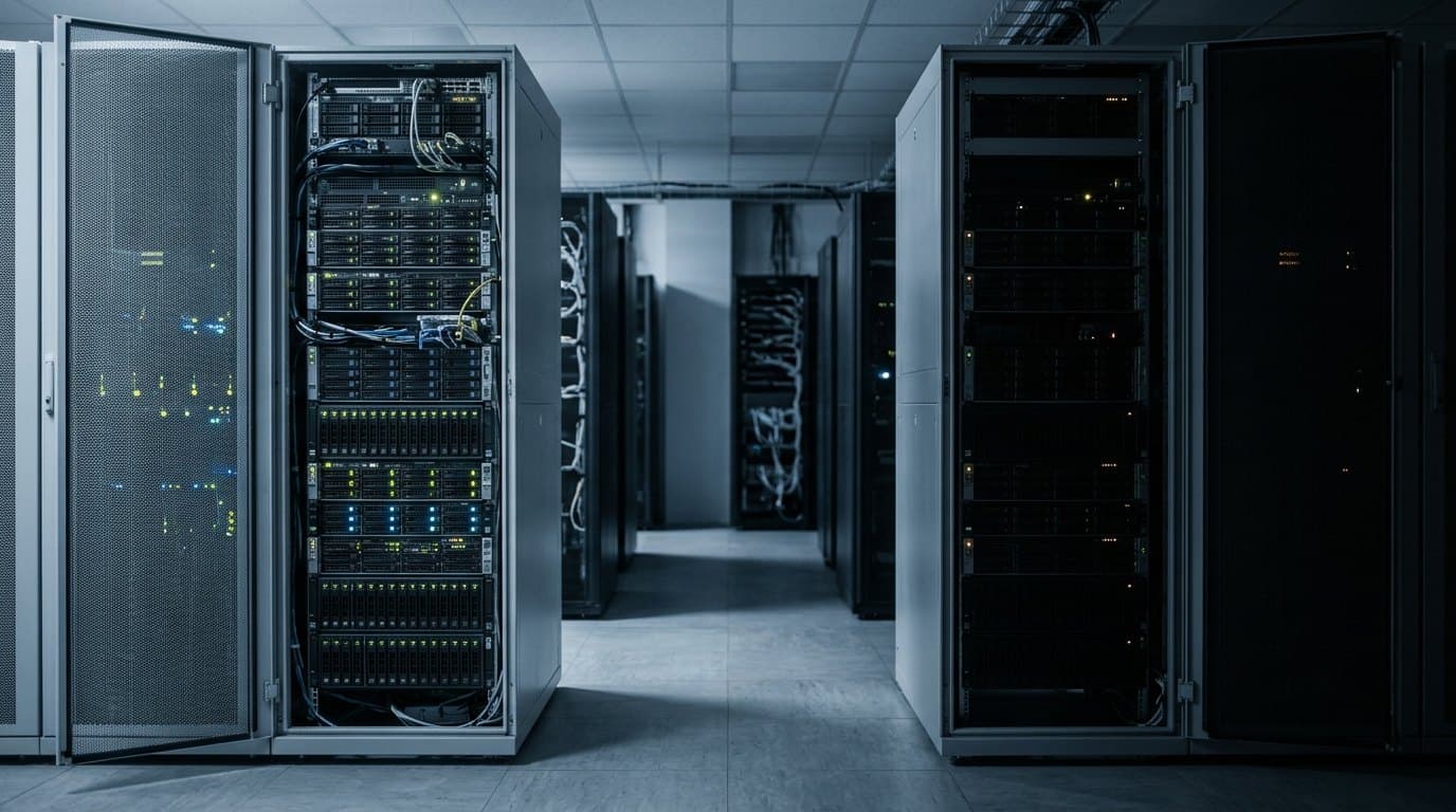 Two matching server cabinets across a data centre aisle, one lit and active, the other dark