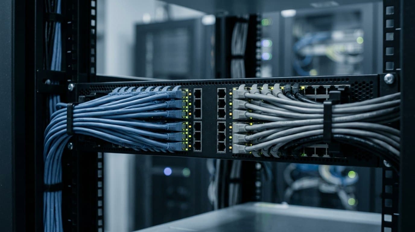 Rack-mounted switch with blue patch leads landing in one block of ports and grey leads in another