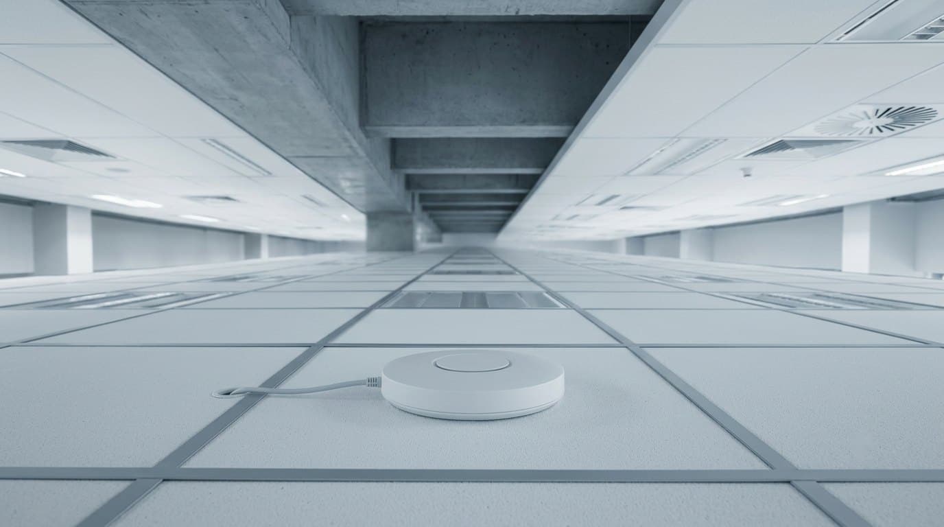 A single wireless access point on an empty tiled floor, the ceiling grid receding behind it