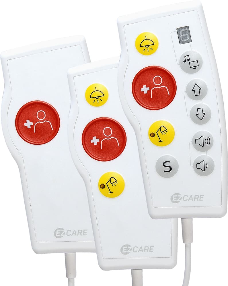 Range of patient handset variants showing call and environmental control buttons
