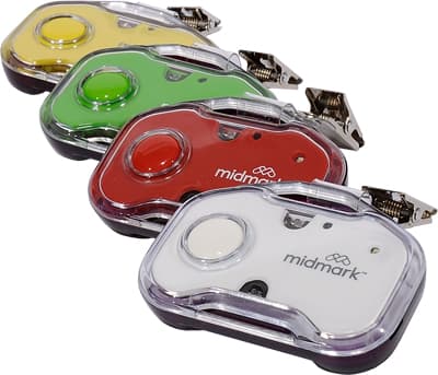 Four automatic presence badges in yellow, green, red and white, each with a belt clip