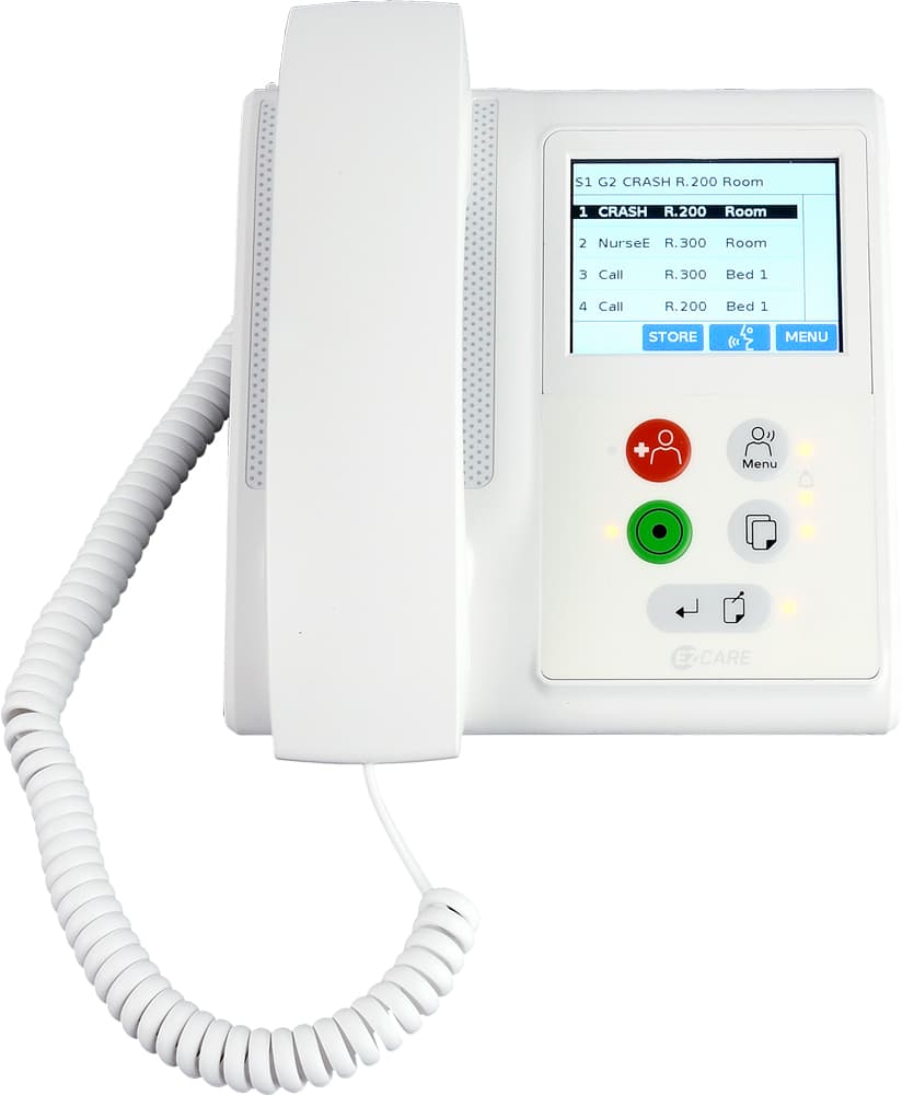 Nurse control station front elevation showing the touchscreen and keypad