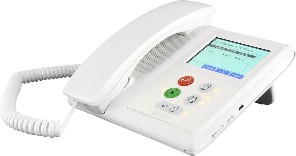 Nurse control station console with touchscreen and handset